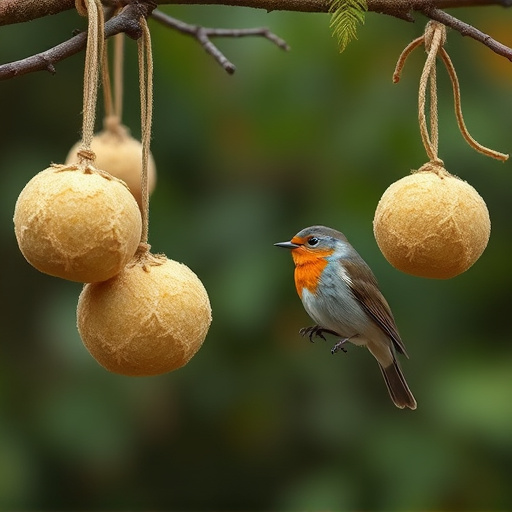 Fat balls hanging near robin perch