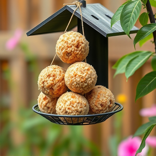 Fat balls hanging on garden feeder
