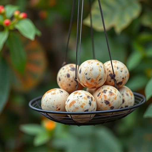 Fat balls hanging on garden feeder