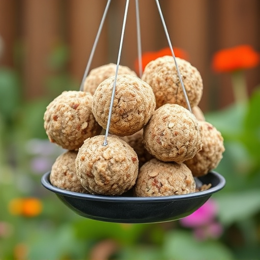 Fat balls hanging on garden feeder