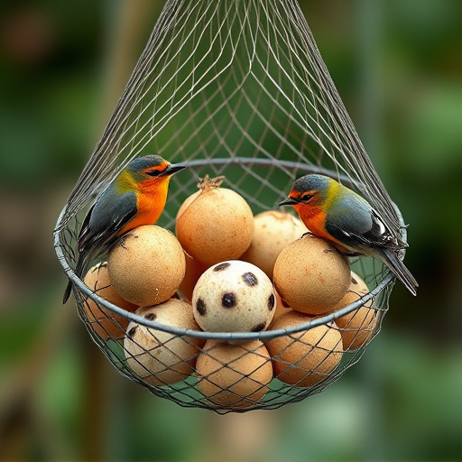 Fat balls in mesh feeder with tits