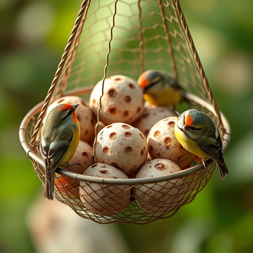 Fat balls in mesh feeder with tits