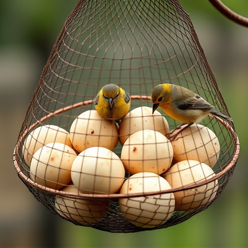 Fat balls in mesh feeder with tits