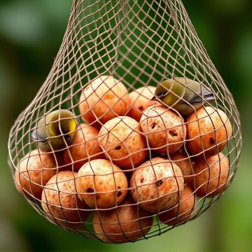 Fat balls in mesh feeder with tits