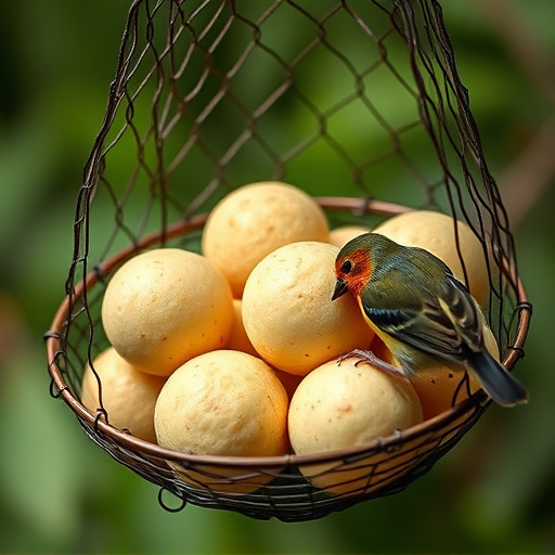 Fat balls in mesh feeder with tits