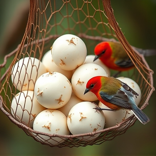 Fat balls in mesh feeder with tits