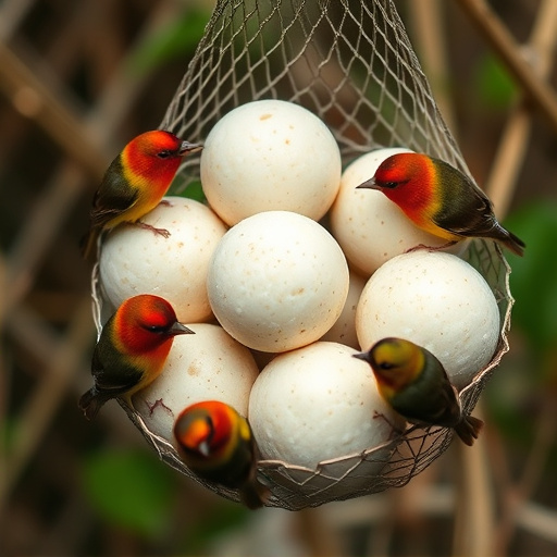 Fat balls in mesh feeder with tits