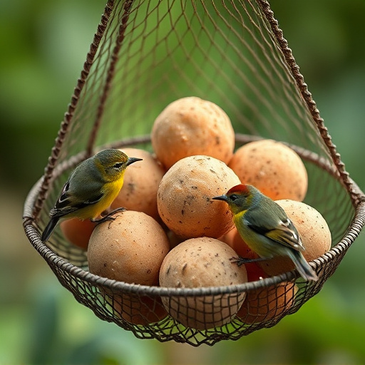 Fat balls in mesh feeder with tits