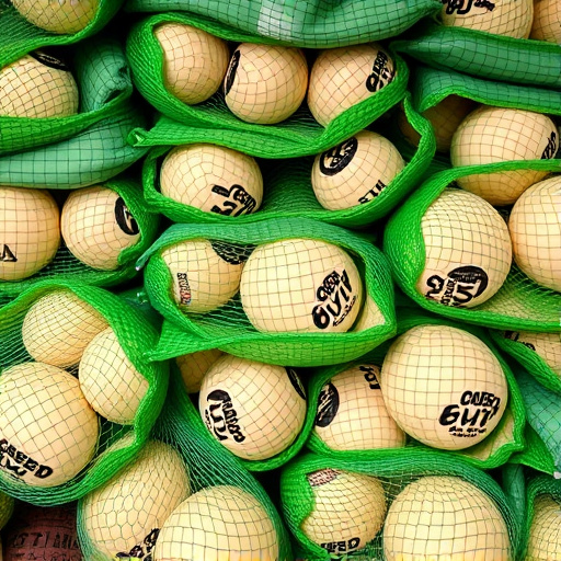 Fat balls stacked in green mesh bags
