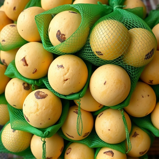 Fat balls stacked in green mesh bags