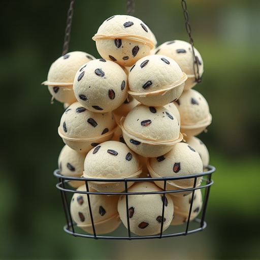 Fat balls stacked in wire bird feeder
