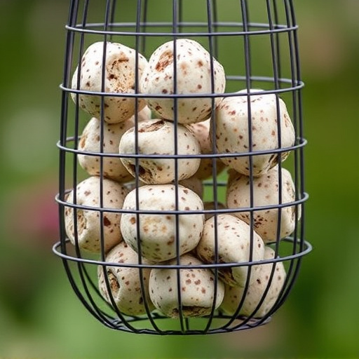 Fat balls stacked in wire bird feeder