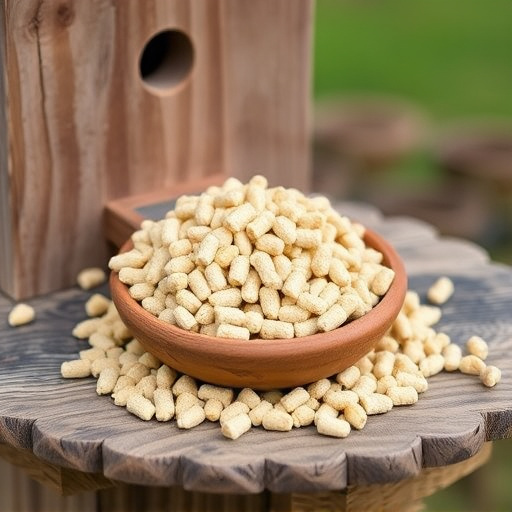Fat pellets on wooden bird table