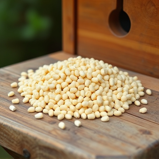 Fat pellets on wooden bird table