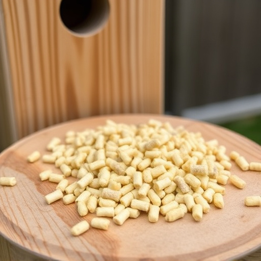 Fat pellets on wooden bird table
