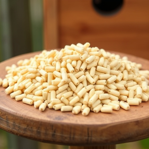 Fat pellets on wooden bird table