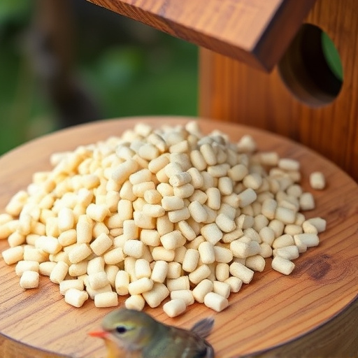 Fat pellets on wooden bird table