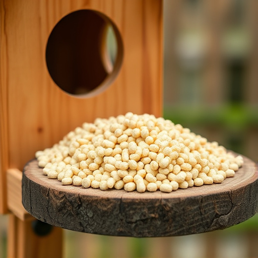 Fat pellets on wooden bird table