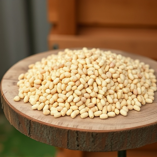 Fat pellets on wooden bird table