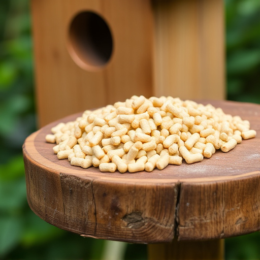 Fat pellets on wooden bird table