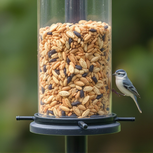 Feeder filled with husk-free bird seeds