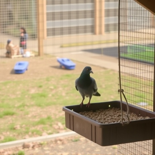 Feeding area with pigeon-proof features