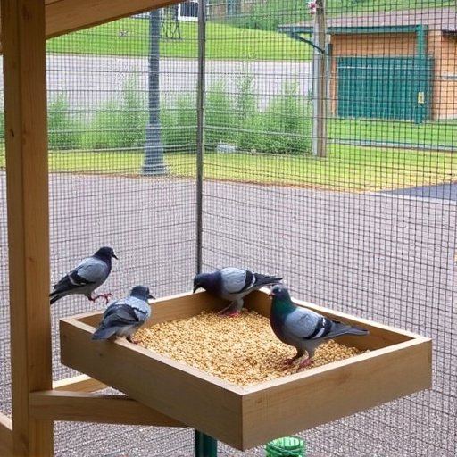Feeding area with pigeon-proof features