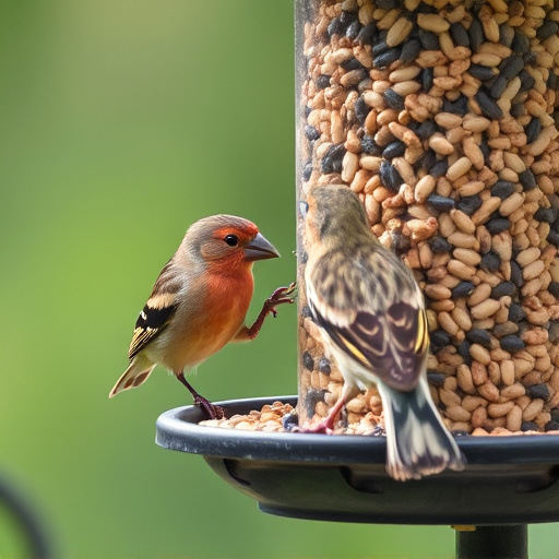 Finch eating from seed-filled feeder