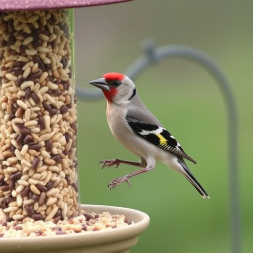 Finch eating from seed-filled feeder
