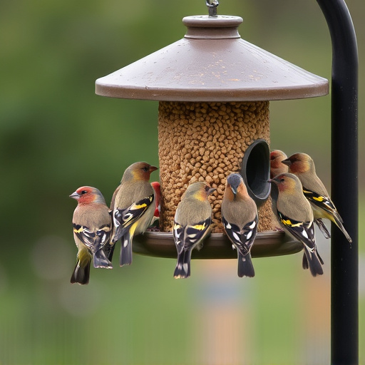 Finch flock gathered around seed station