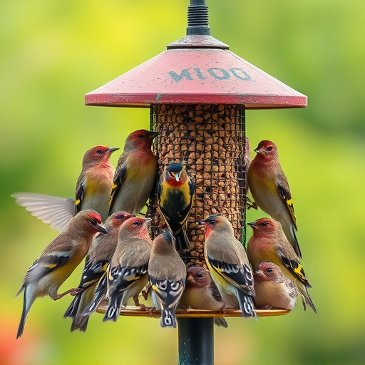 Finch flock gathered around seed station