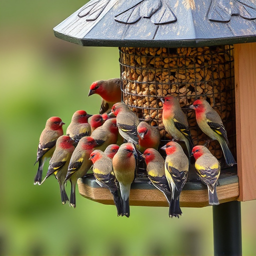 Finch flock gathered around seed station