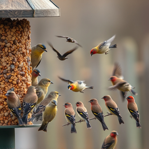 Finch flock gathered around seed station