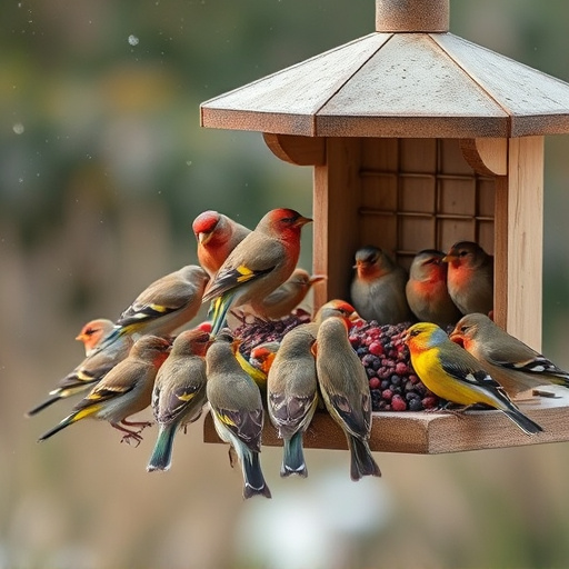 Finch flock gathered around seed station