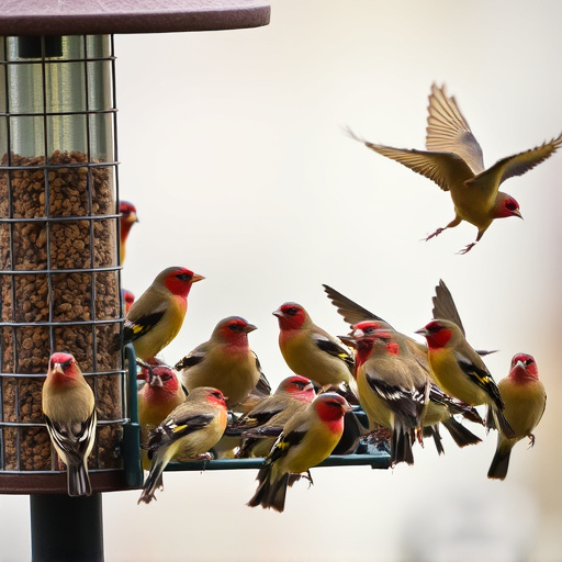 Finch flock gathered around seed station