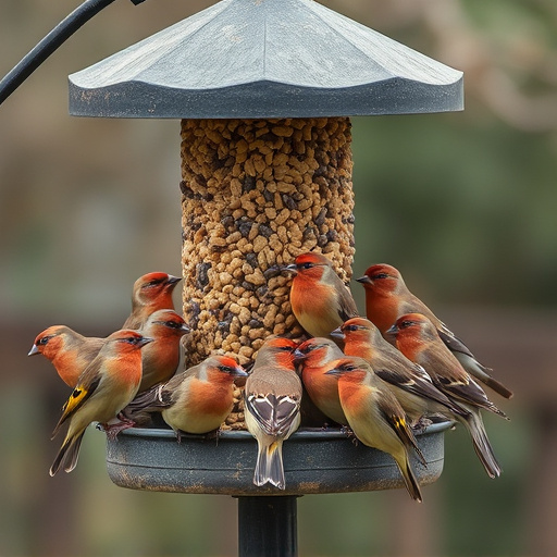 Finch flock gathered around seed station