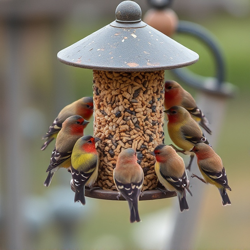 Finch flock gathered around seed station