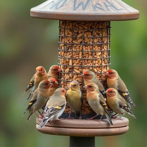 Finch flock gathered around seed station