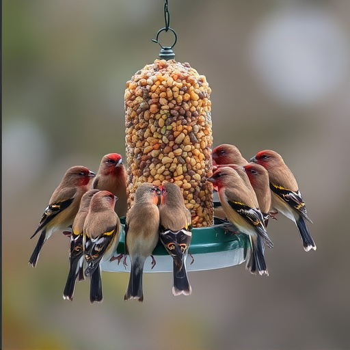 Finch flock gathered around seed station