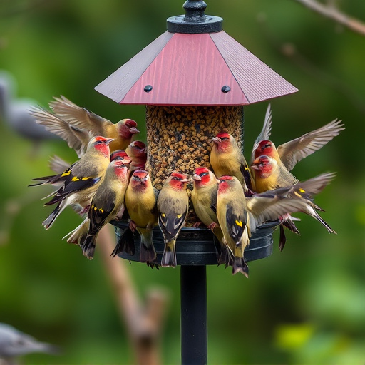 Finch flock gathered around seed station
