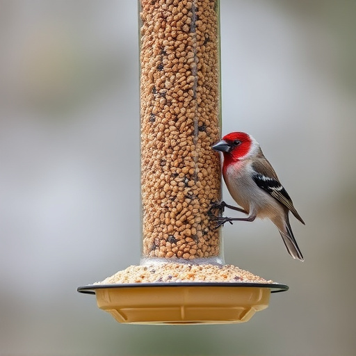 Finch on hanging feeder with tiny seeds