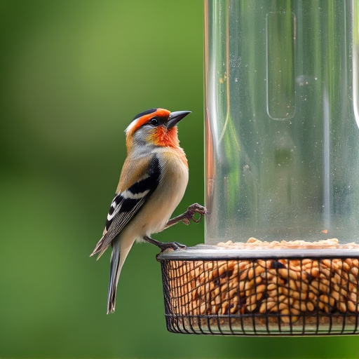 Finch on hanging feeder with tiny seeds