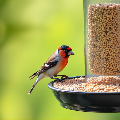Finch on hanging feeder with tiny seeds