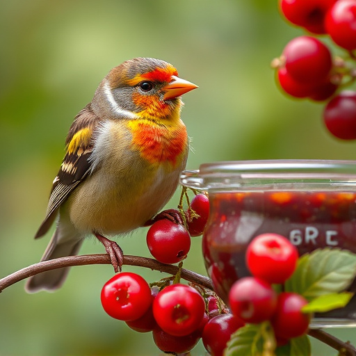 Finch perched beside berry-flavoured suet