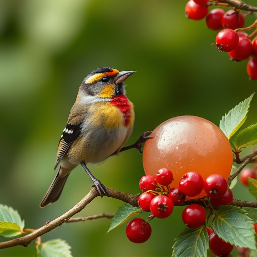 Finch perched beside berry-flavoured suet