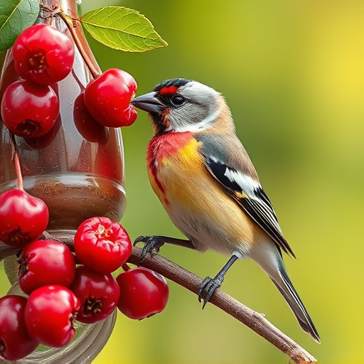 Finch perched beside berry-flavoured suet