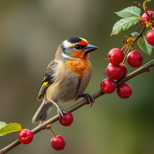 Finch perched beside berry-flavoured suet