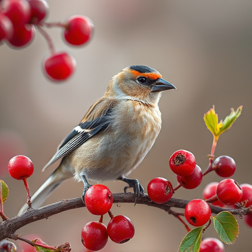 Finch perched beside berry-flavoured suet