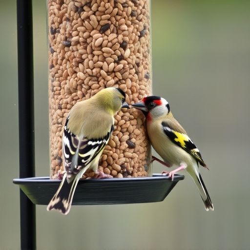 Finches eating from seed-filled feeder