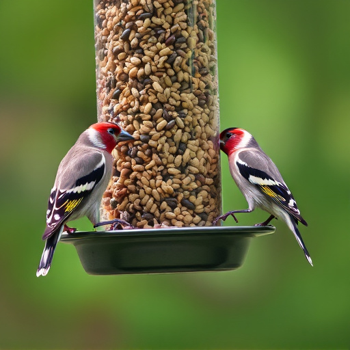 Finches eating from seed-filled feeder